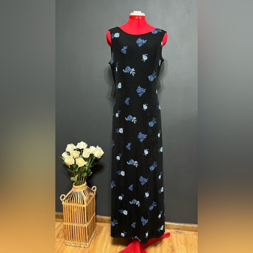 Black Maxi Dress with Blue Floral Embroidery